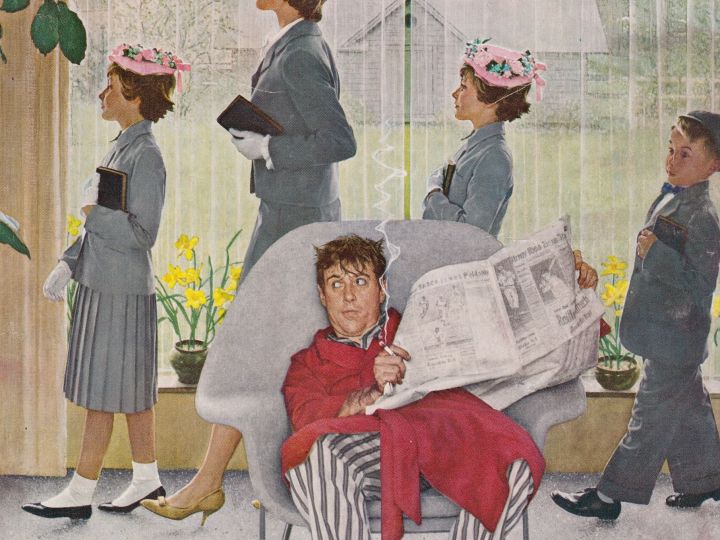 Mother and children heading to church while father sits in pjs reading the Sunday paper. The painting is by Norman Rockwell.